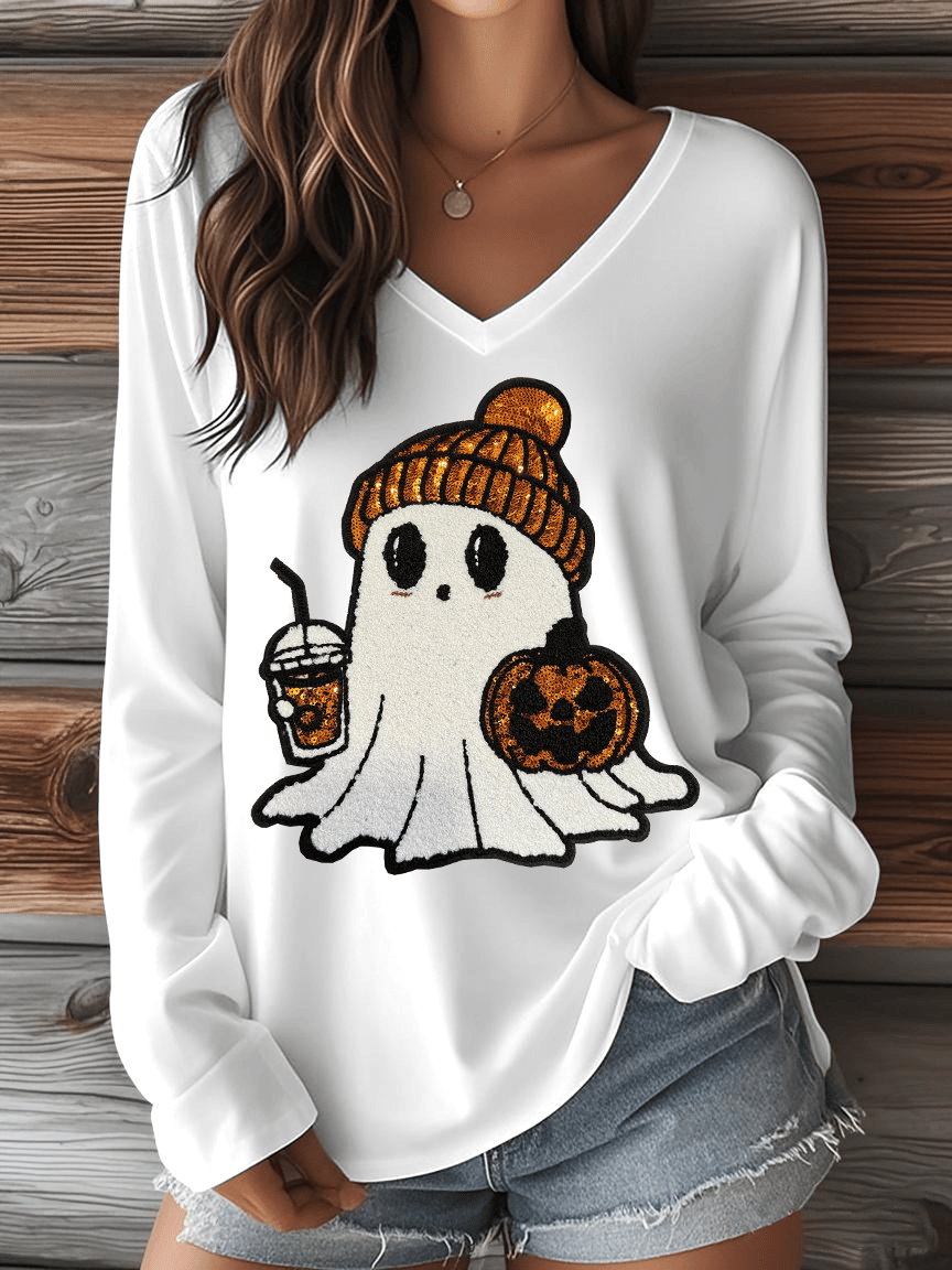 Women's Halloween Ghost Print V-Neck Long Sleeve T-Shirt
