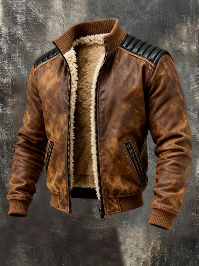 Men'S Vintage Distressed Leather Outdoor Jacket Cotton Coat