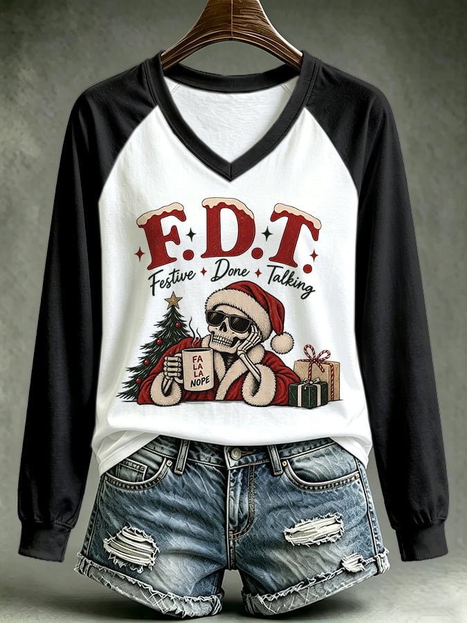 V-Neck Retro Christmas Santa Skeleton FDT Festive, Done Talking Print T-Shirt