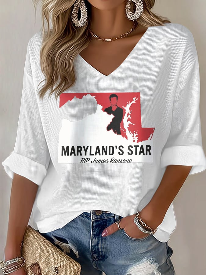 V-Neck Retro Maryland's Star Print T-Shirt