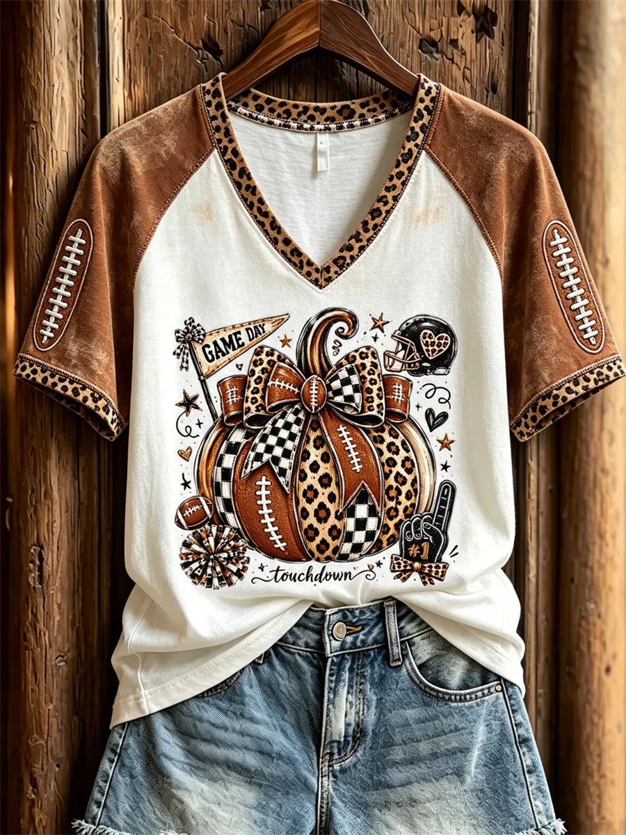 Women's Football Inspired Fall Pumpkin Print T-shirt