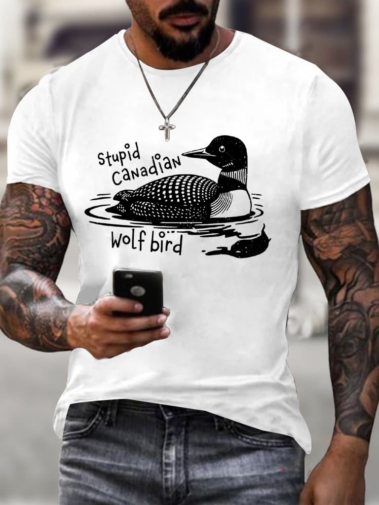 Men's Stupid Canadian Wolf Bird Print T-Shirt