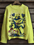 Halloween Funny Frog Colorful Casual Print Cozy Knit Sweater