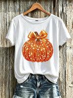 Women's Autumn Sequin Pumpkin Print Crew Neck T-Shirt