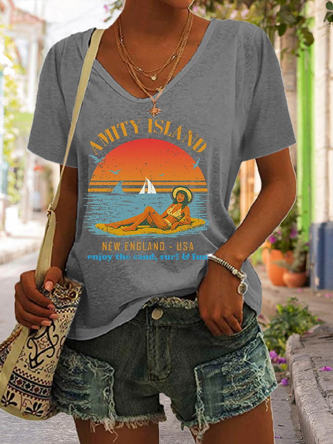 Women's Amity Island Enjoy The Sand Surf And Fun Print T-Shirt