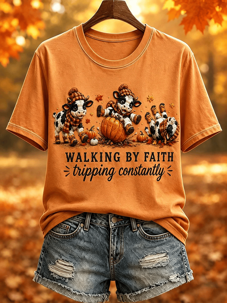 Women's WALKING BY FAITH tripping constantly Print T-Shirt