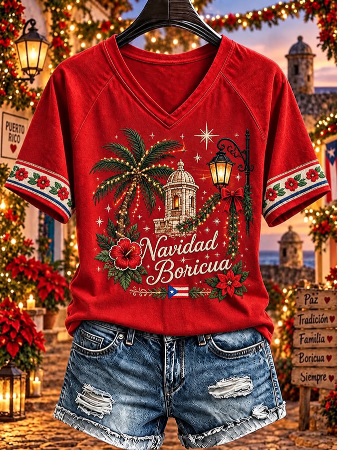 Women's Puerto Rico Christmas Print Casual T-shirt