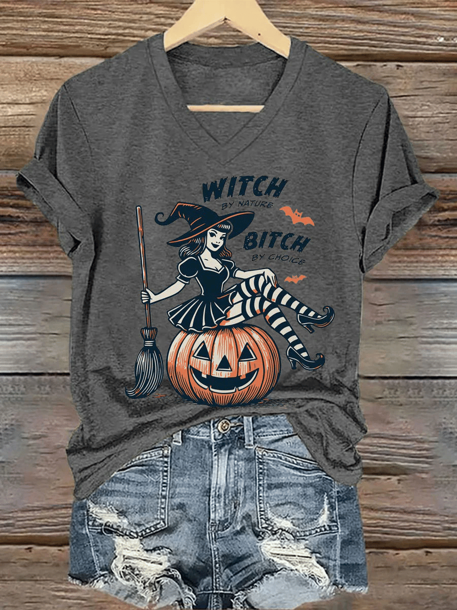Women's  Witch by Nature Bitch by Choice Halloween Printed T-Shirt