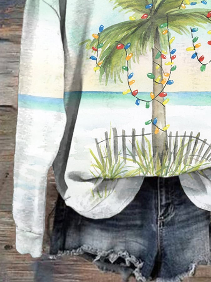 Retro Florida Christmas Watercolor Palm Tree Print Hoodie
