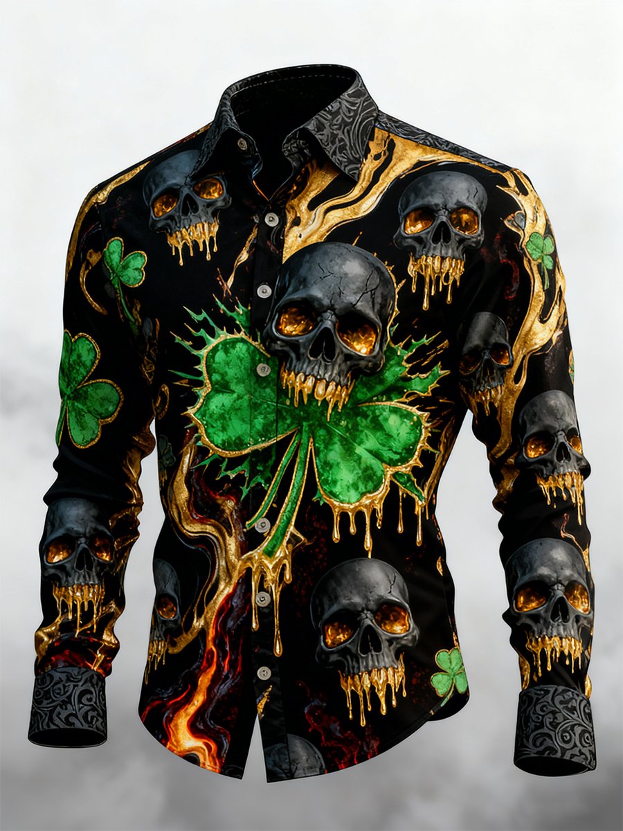 Men's Retro St. Patrick's Day Skull Long-Sleeved Shirt