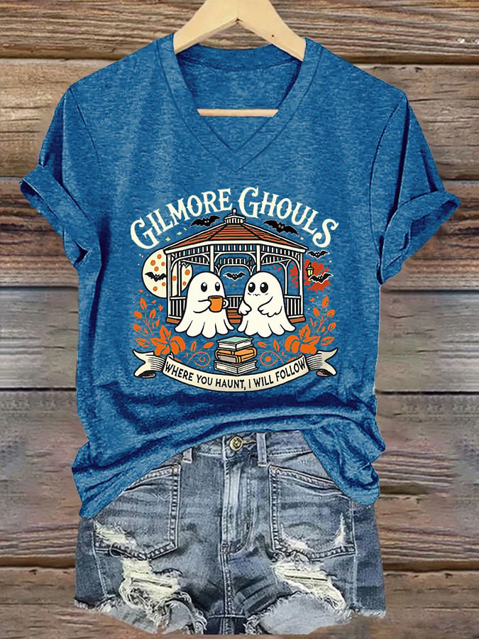 V-Neck Retro Gilmore Ghouls Where You Haunt, I Will Follow Print T-Shirt