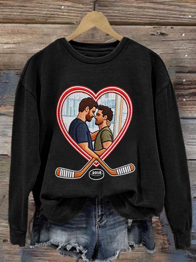 Women's Romantic Ice Hockey Print Long-Sleeved Sweatshirt