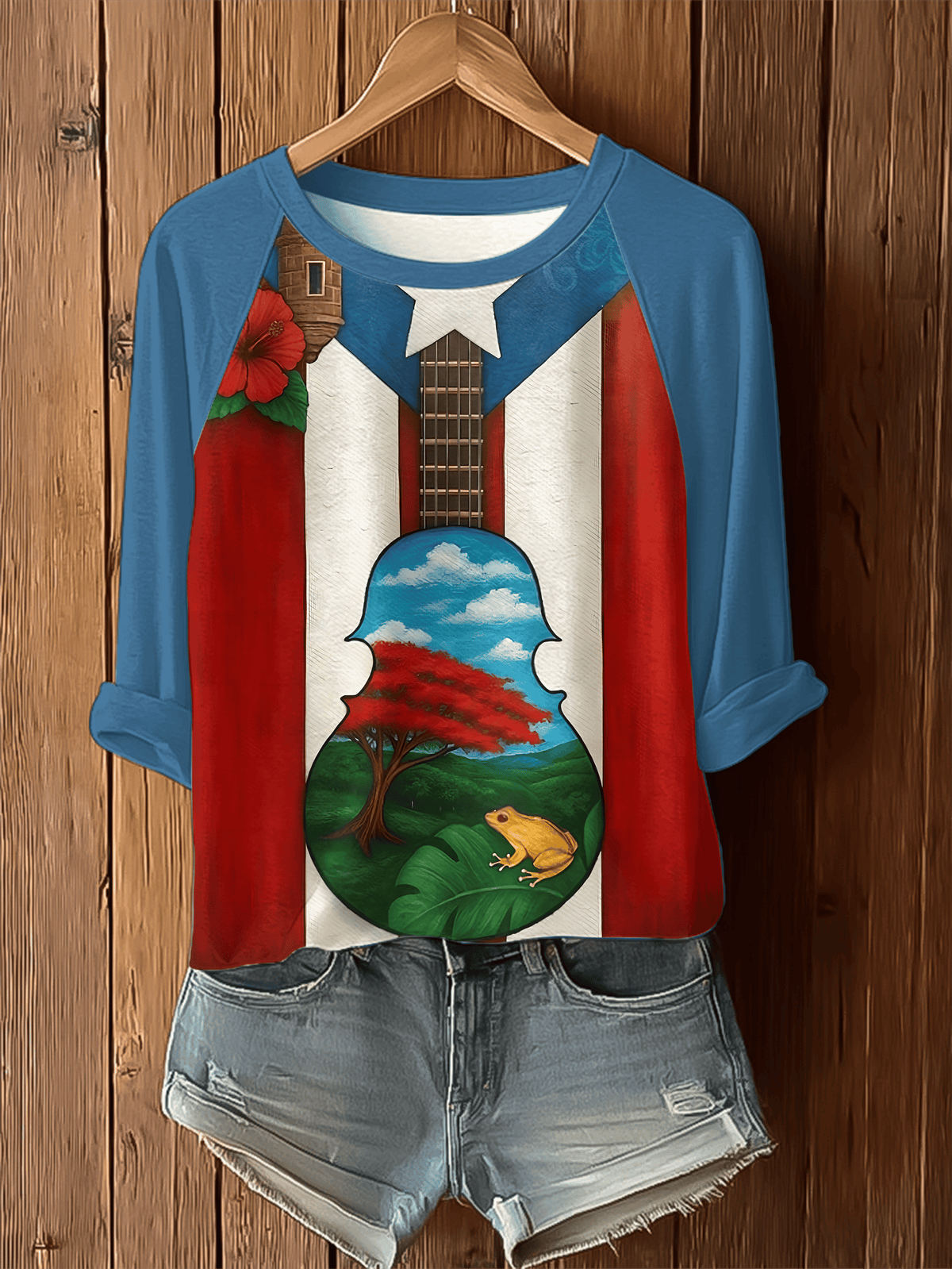 Puerto Rican Christmas Tree Printed Raglan Top