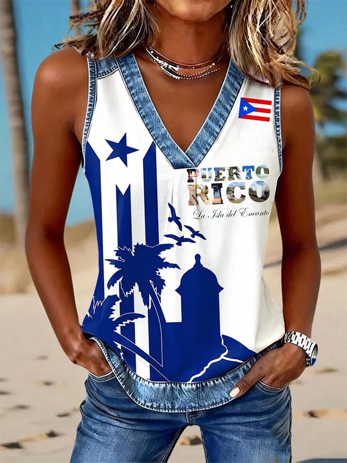Women's National Puerto Rican Day Printed Denim Patchwork Print Top