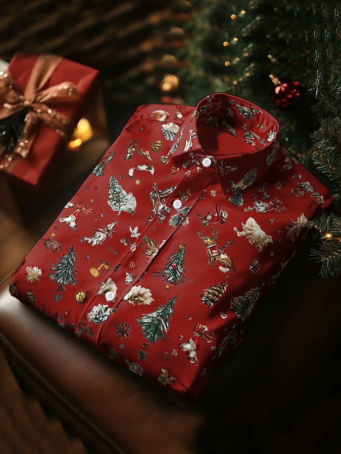 Men's Luxury Christmas Contrast Color Print Long Sleeve Shirt