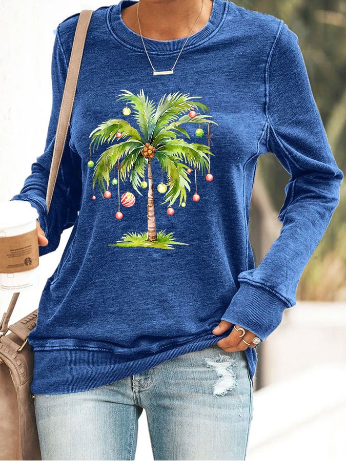 Women's Casual Christmas Palm Tree Printed Long Sleeve Sweatshirt