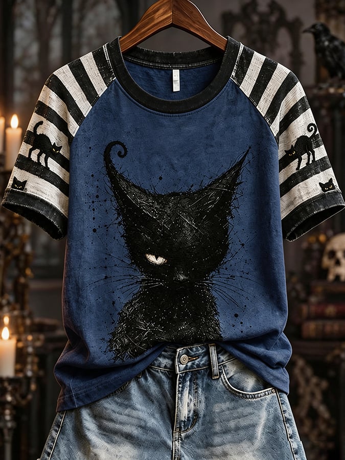 Women's Black Cat Striped Casual T-Shirt