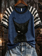 Women's Black Cat Striped Casual T-Shirt