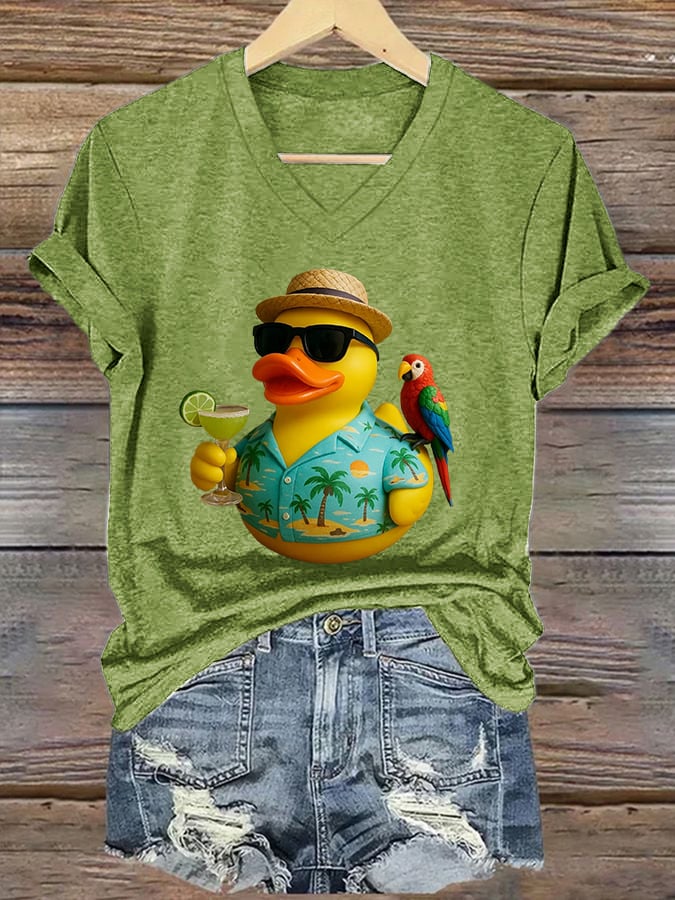 V-Neck Retro Parrot Margarita Memorial Duck Print T-Shirt