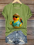 V-Neck Retro Parrot Margarita Memorial Duck Print T-Shirt