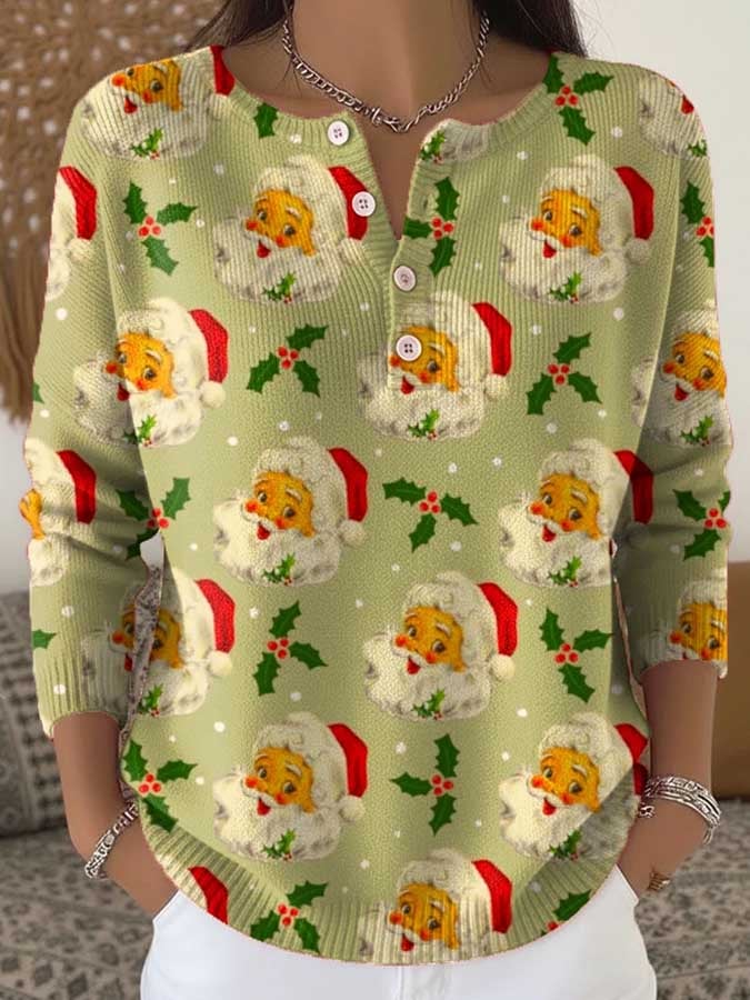 Women's Christmas Print Knit Button Top