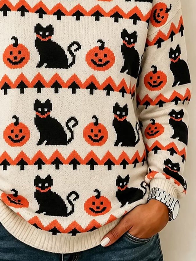 Women's Vintage Halloween Pumpkin and Cat Print Knit Top