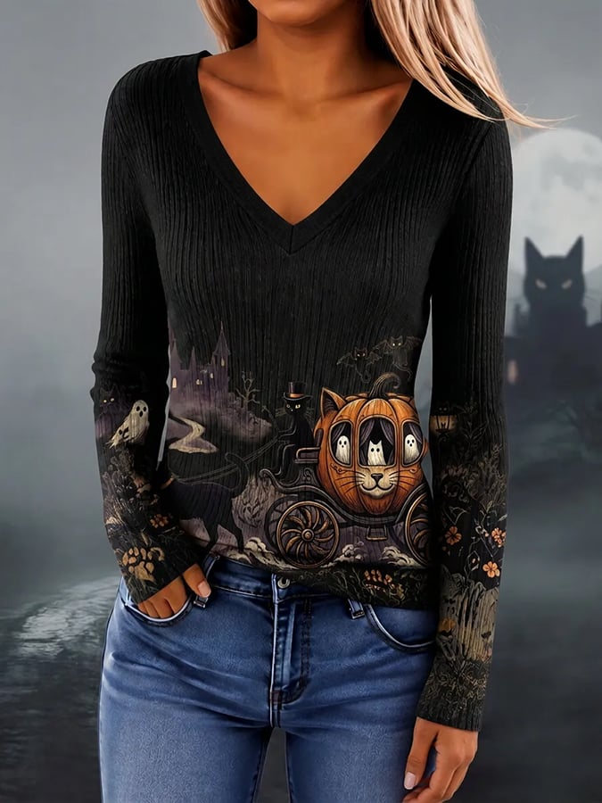 Women's Halloween Scary Pumpkin Face Cat Art Print Top