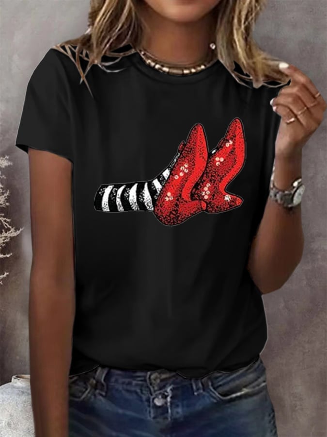 Women's Halloween Red Shoes Printed Casual T-Shirts