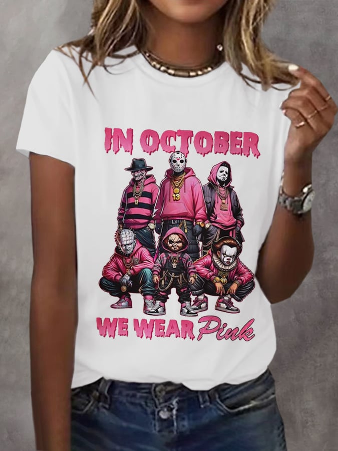 In October We Wear Pink Movies Halloween Art Print V-neck T-shirt