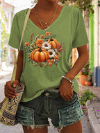 Women's Casual Autumn Floral Pumpkin T-Shirt