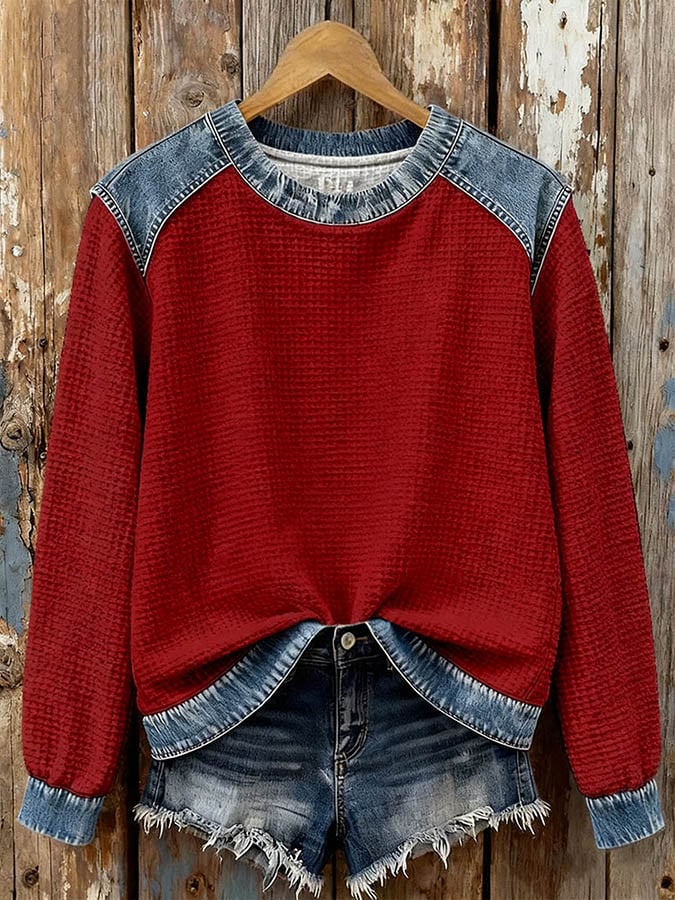Women's Casual Round Neck Denim Waffle Pullover Sweatshirt