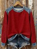 Women's Casual Round Neck Denim Waffle Pullover Sweatshirt