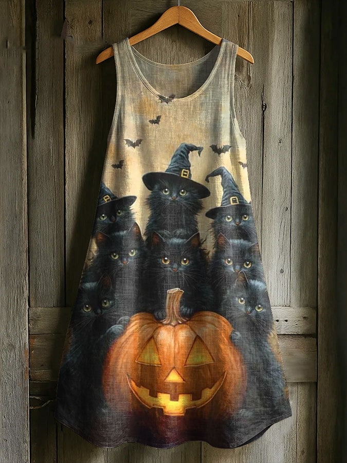 Women's Casual Cute Cat Cotton And Linen Dress