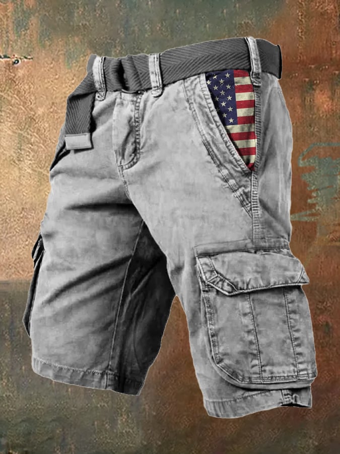 Men's Vintage Flag Independence Day Multi-Pocket Print Cargo Shorts (Belt Not Included)