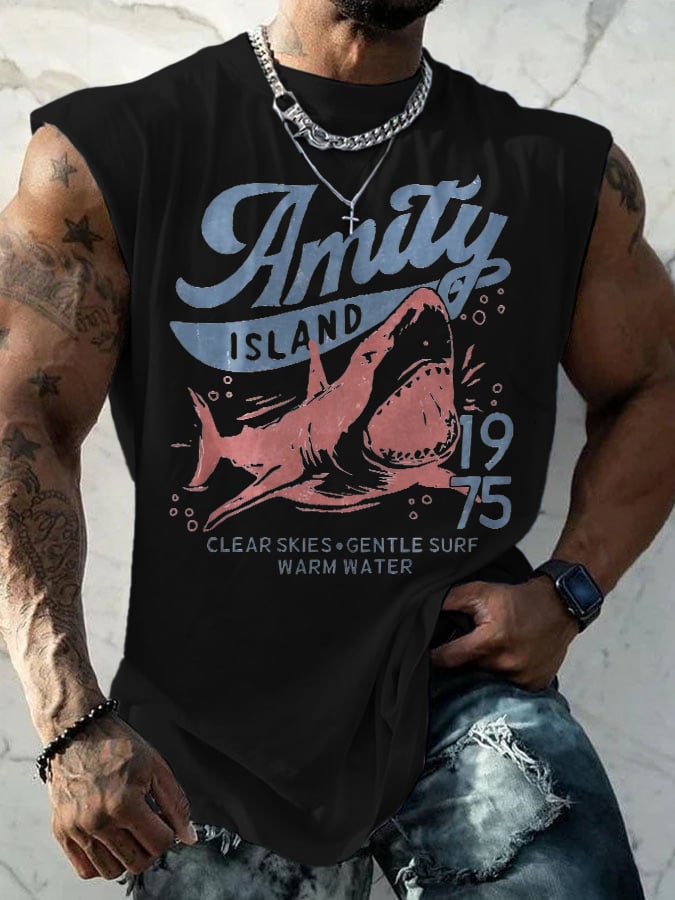 Men's Vintage Amity Island 1975 Clear Skies Gentle Surf Warm Water Print Tank Top