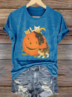 Women's Halloween Pumpkin Cat Print T-Shirt
