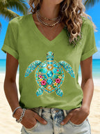 V-Neck Retro Vacation Beach Colorful Sea Turtle Floral Print T-Shirt