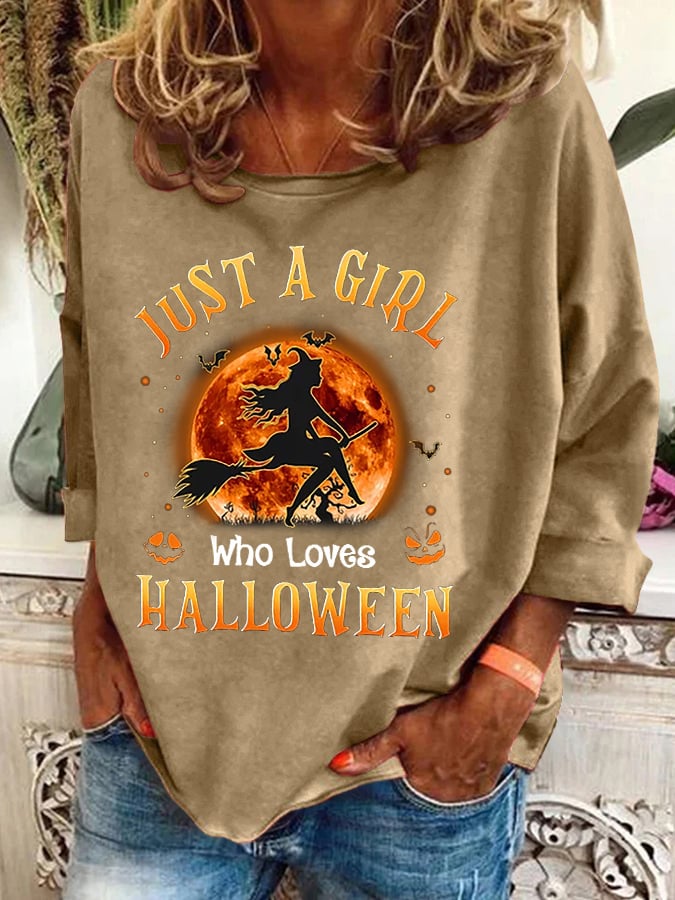 Women's Just A Girl Who Loves Halloween Printed Crew Neck Sweatshirt