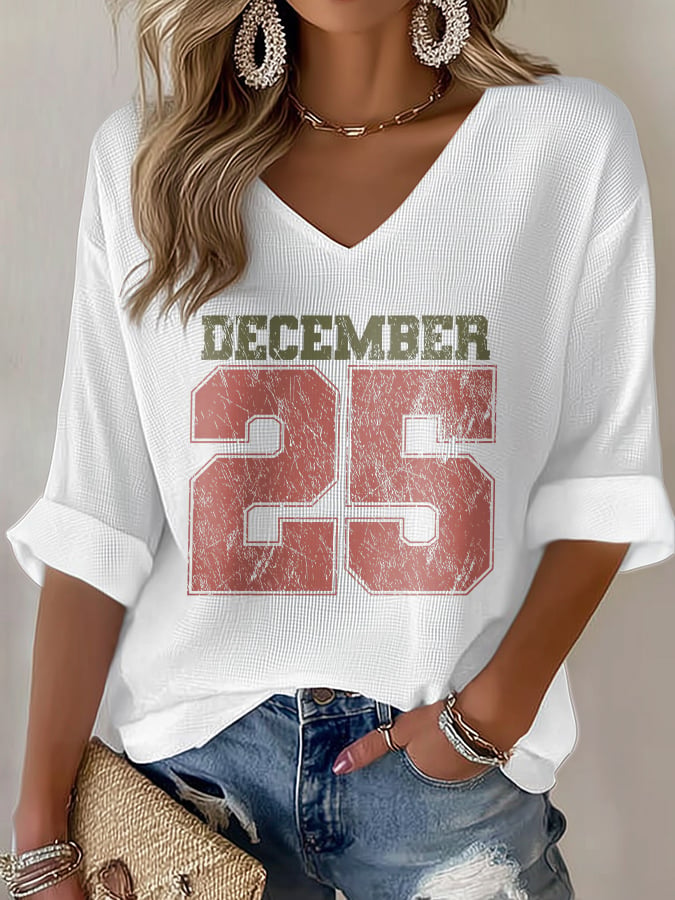 V-Neck Retro Christmas December 25 Print T-Shirt