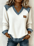 Women'S Casual V Neck  Patchwork Pullover Sweatshirt