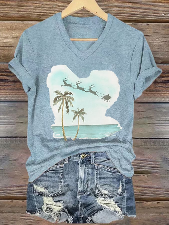 V-neck Retro Florida Merry Christmas Beach Palm Tree Print T-Shirt