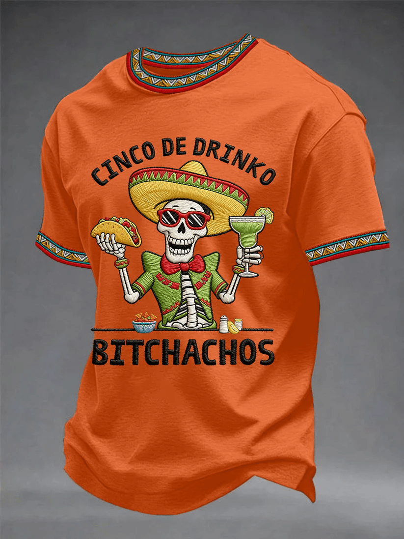 Men's Retro Cinco De Drinko Bitchachos Skeleton Mexican Fiesta Print Casual T-Shirt