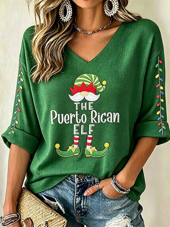Women's Casual Puerto Rico Christmas Printed Waffle Top
