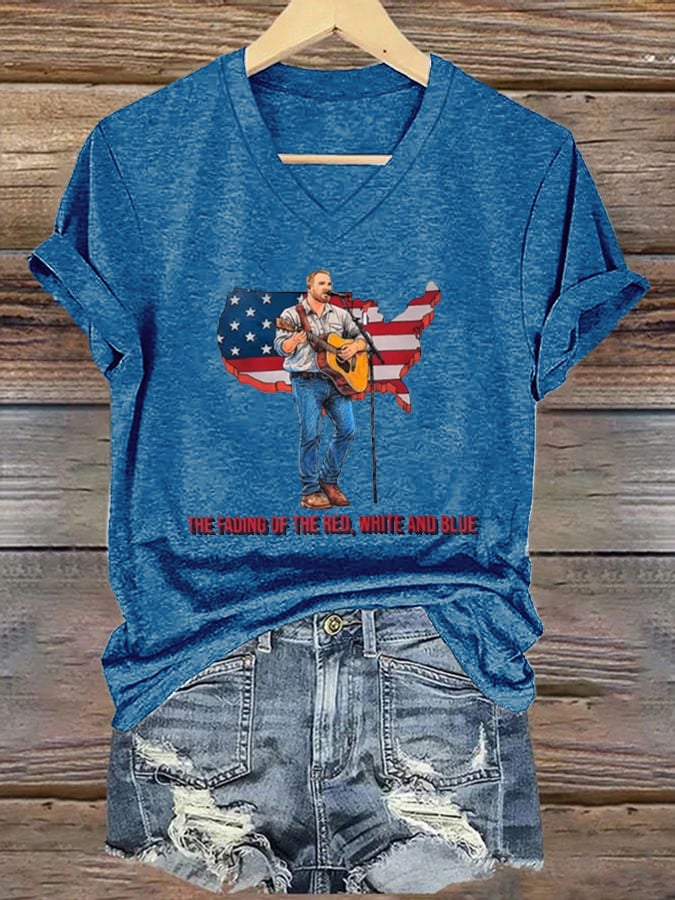 V-Neck The Fading of the Red White and Blue Print T-Shirt