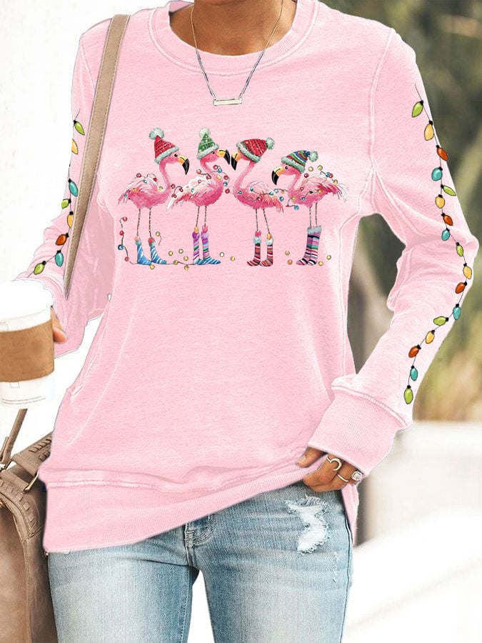 Women's Christmas Flamingo Print Crewneck Sweatshirt