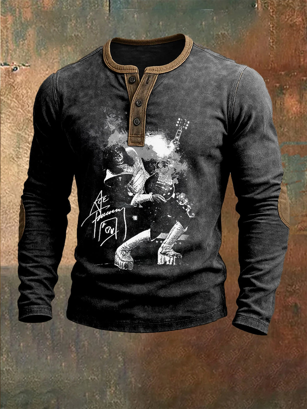 Men's Rock Music Print Henley Top