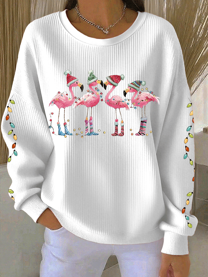 Women's Christmas Flamingo Print Knitted Crew Neck Long Sleeve Top