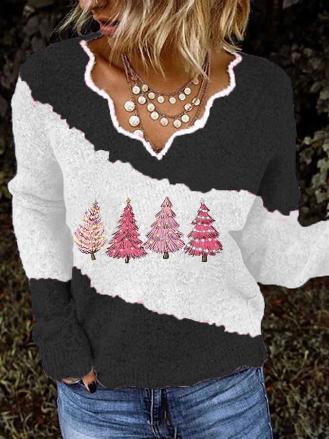 Christmas Print Lace Neck Sweater