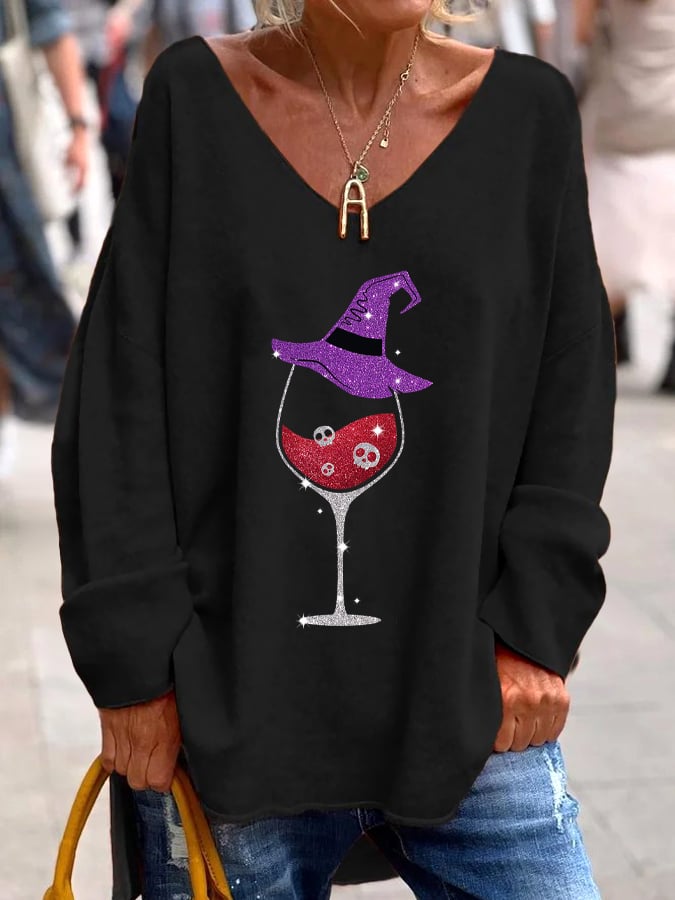 Women's Halloween Skull Wine Print V-Neck T-Shirt
