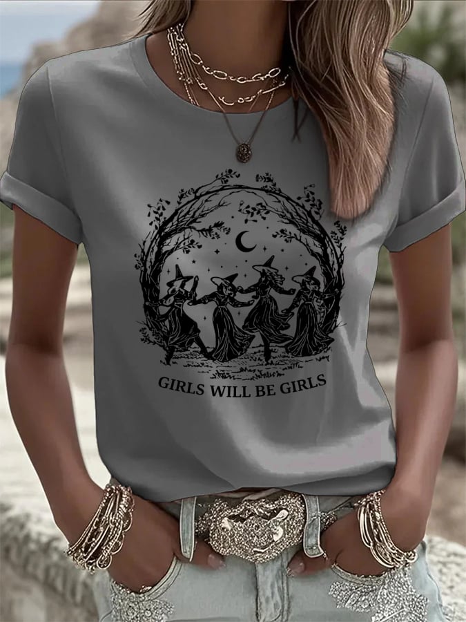Women's Vintage Girls Will Be Girls Witch Print Casual T-shirt